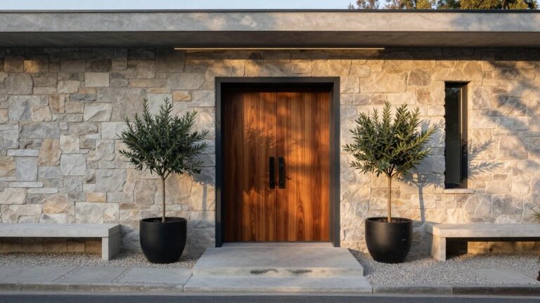Arched wooden front door with black metal frame in a light stone wall, flanked by two potted olive trees in black containers on a concrete step and pathway.
