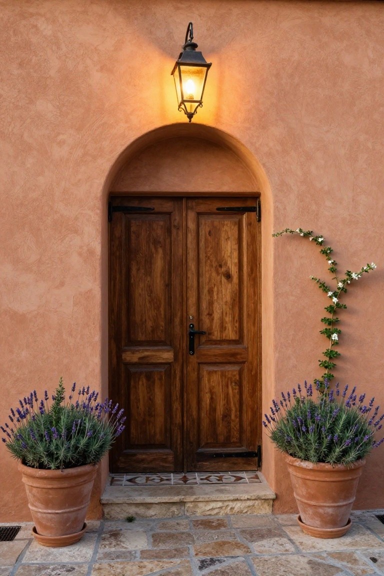 Arched wooden double door entrance in textured peach stucco walls flanked by two large terracotta pots of lavender plants, with a hanging lantern above and a climbing vine on the right side, on a stone tile landing.