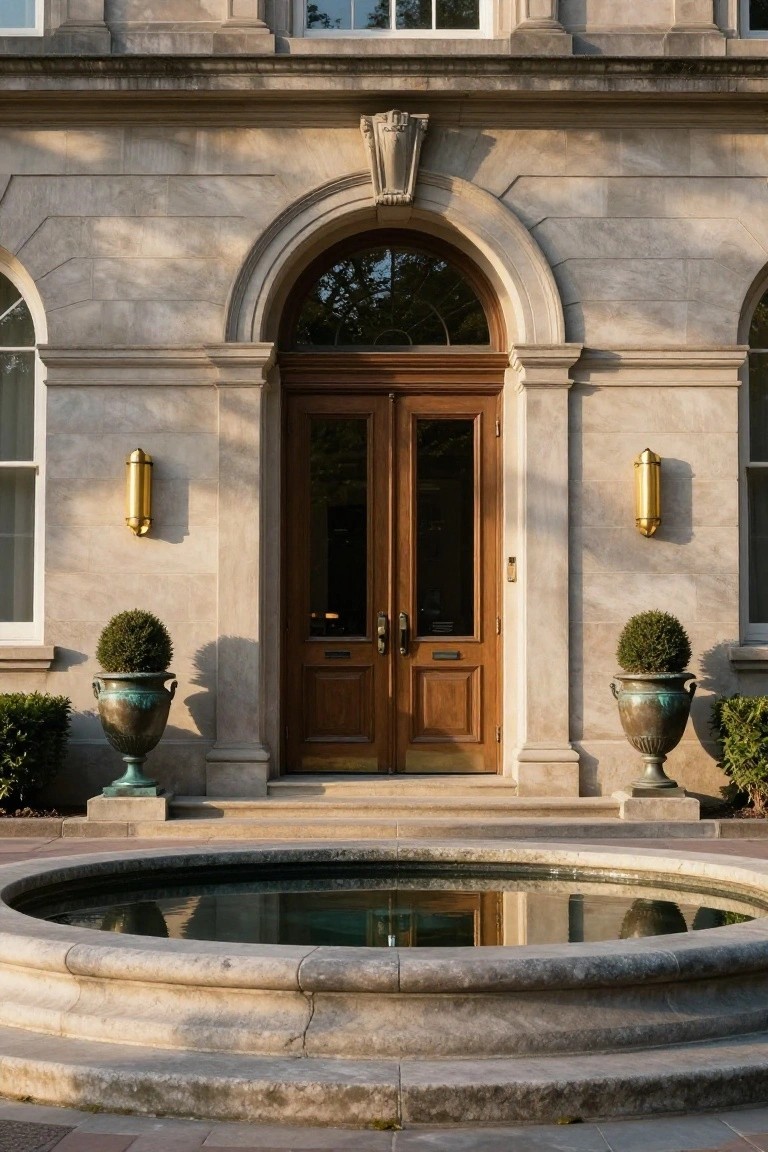 Stone mansion entrance with arched double wooden doors, gold wall sconces, topiary boxwoods in bronze urns, front steps descending to a circular stone fountain pool.