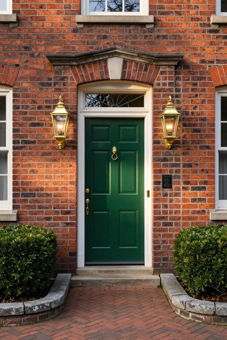 Red brick house exterior featuring a dark green paneled front door with brass knocker and handle, flanked by matching brass lanterns, boxwood shrubs on either side, and a brick pathway.