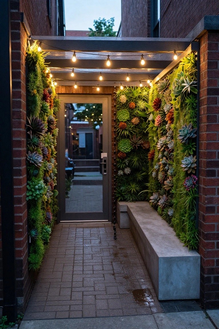 Narrow brick entry path covered by a pergola with string lights overhead, vertical succulent and plant walls on both sides, glass door at the end, concrete bench beside the path, and wet brick pavers at dusk.