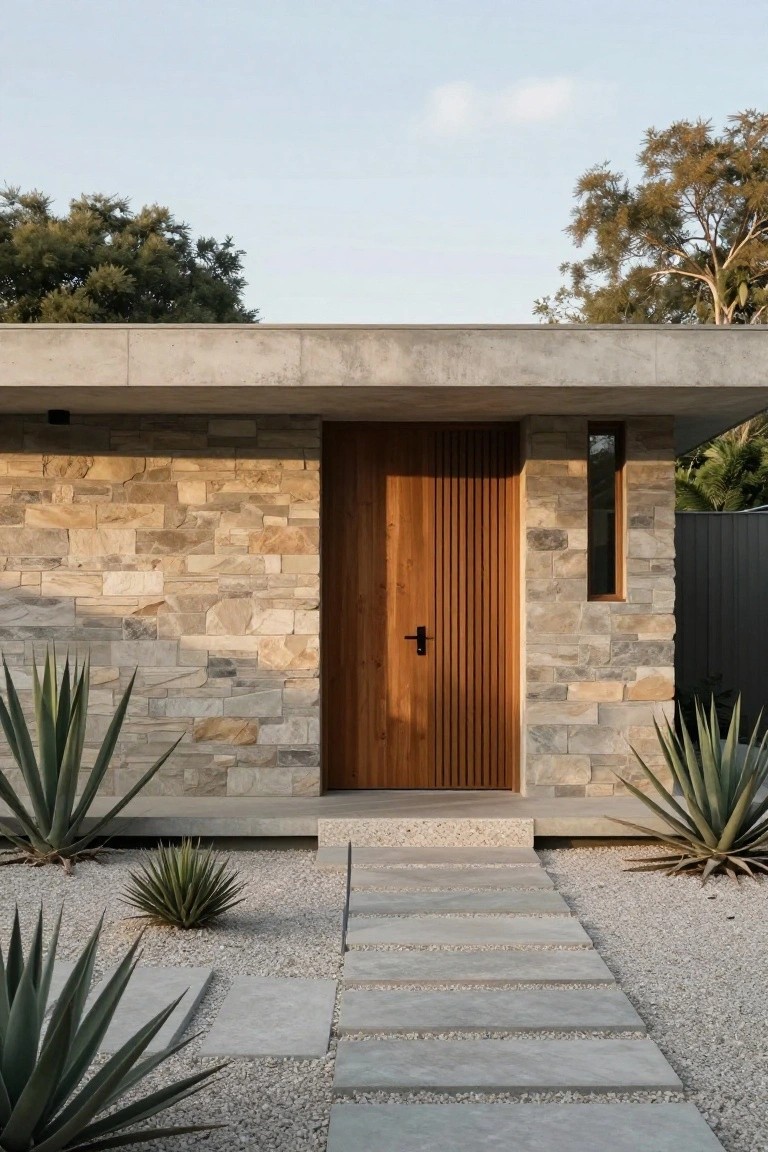 Modern house entrance with a tall vertical slat wooden door set into a beige stone wall under a concrete overhang, flanked by agave plants, concrete paver pathway through gravel ground, and trees in the background.