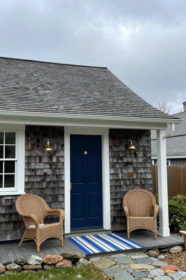 Small shingled cottage exterior with navy blue front door centered on white-trimmed facade, flanked by brass lanterns, two wicker armchairs on porch with striped rug, stone path, and low plants under cloudy sky.