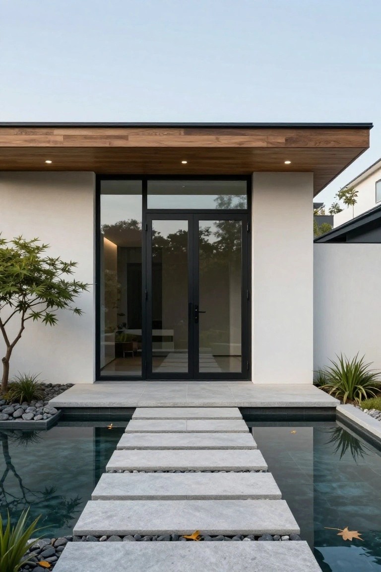 Modern white house facade with large black-framed glass double doors, approached by wide gray stone slabs stepping across a narrow rectangular pool filled with dark water, surrounded by pebbles, plants, and a small Japanese maple tree.