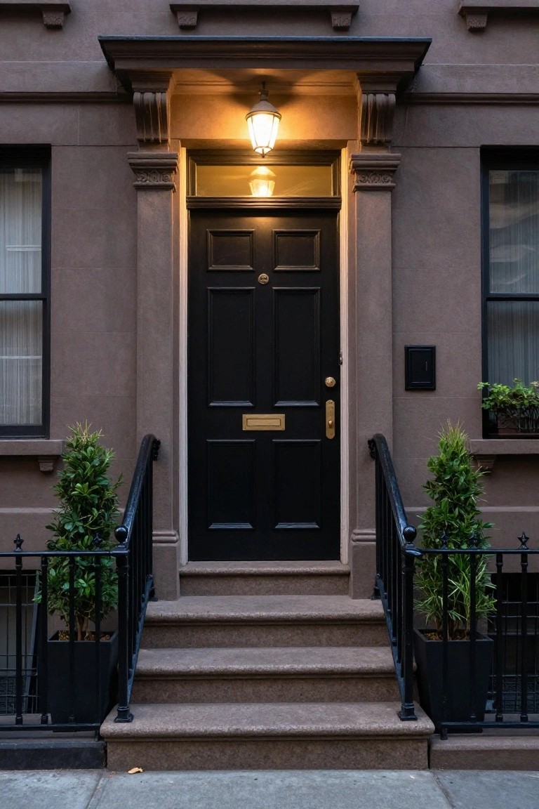 Brownstone townhouse front entrance with black paneled door, brass knocker and letterbox, illuminated lantern above the door, stone steps with black iron railings, and matching black pots of topiary shrubs on either side.