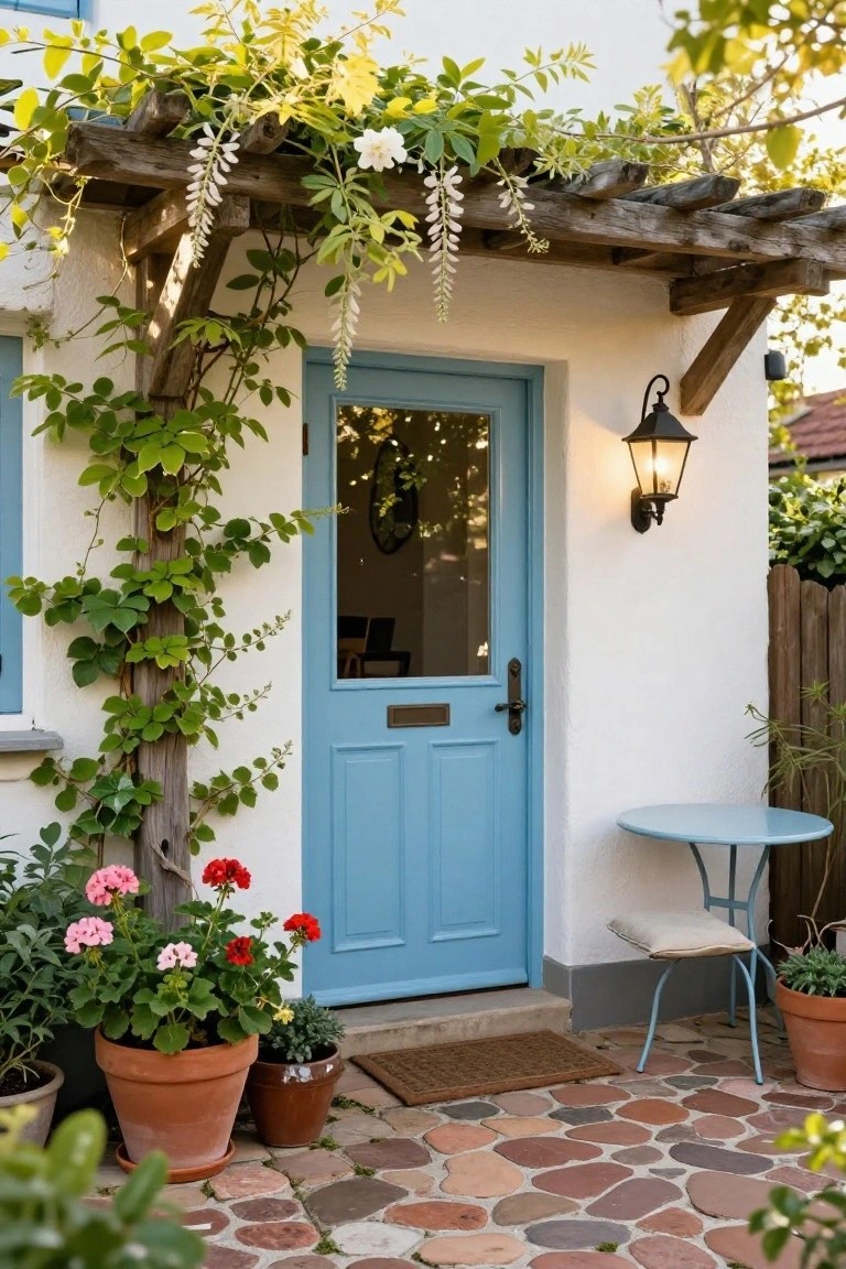 Light blue wooden front door on a white stucco house wall under a wooden pergola covered in green vines and white wisteria flowers, flanked by potted geraniums and a small metal table with chair on a pebble stone patio.