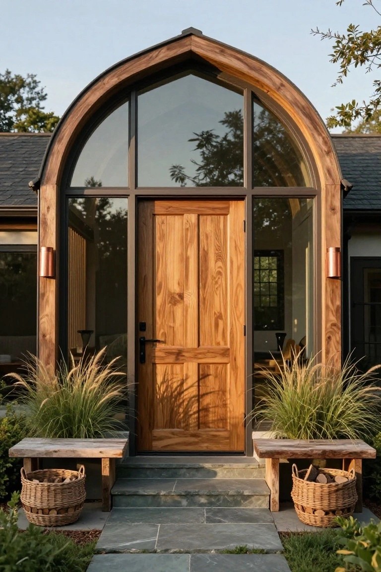 Front entrance of a house with a large arched wooden frame enclosing a glass window and double wooden doors, flanked by copper wall lights, tall ornamental grasses, firewood baskets on wooden benches, and slate steps leading up.