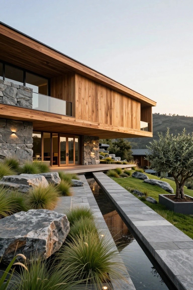 Modern house exterior with cantilevered wooden upper structure over stone walls, large glass doors opening to a deck, and a stone pathway with water channel flanked by grasses and boulders leading to the entrance on a hillside.