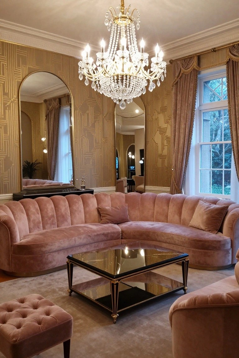 A living room with a large curved blush pink velvet sectional sofa, glass-top coffee table, gold geometric wallpaper, crystal chandelier, arched mirrors, and tall windows with drapes.