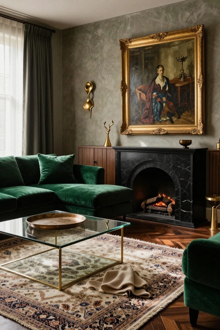 A living room with emerald green velvet L-shaped sofa and armchair, black marble fireplace with fire lit, large gold-framed painting on textured wall, glass coffee table on Persian-style rug, wooden herringbone floor.