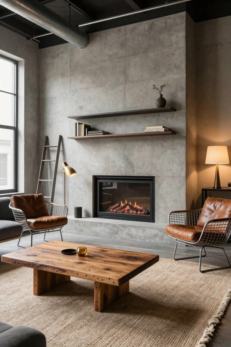 Modern living room with exposed concrete walls, gas fireplace, two tan leather wireframe chairs, rustic wood coffee table, beige rug, wood shelves, and ladder leaning against wall.