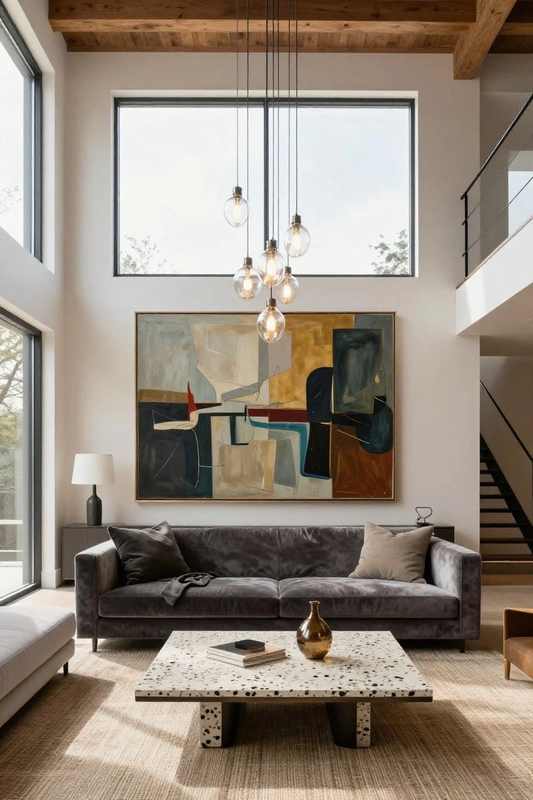 Spacious modern living room with exposed wooden beam ceiling, large abstract painting on white wall, gray velvet sofas, terrazzo coffee table, multi-bulb pendant light, floor lamp, large windows, and staircase railing.