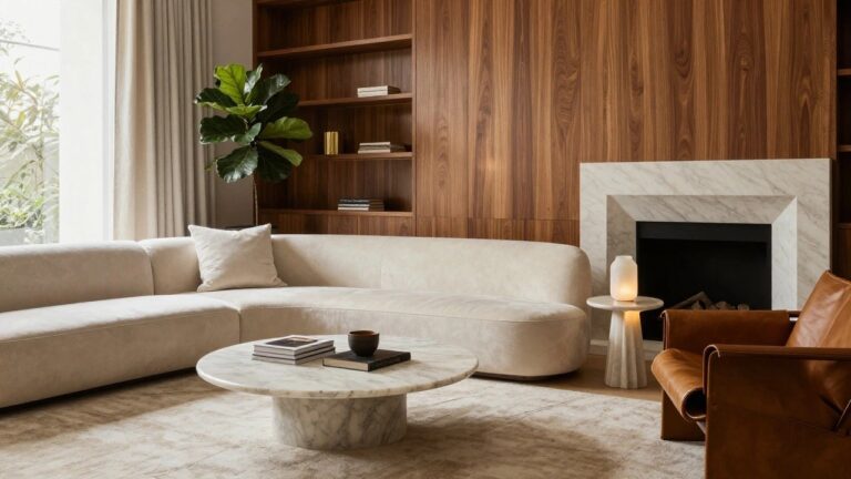 Contemporary living room with cream sofa, round marble coffee table, wood-paneled wall featuring built-in shelves and marble fireplace surround, globe lamp on wood stool, leather armchair, large potted plant, and floor-to-ceiling window with sheer curtains.