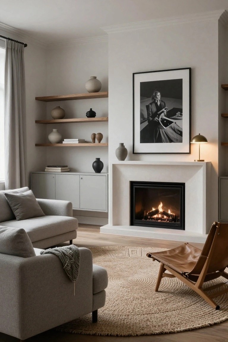 Modern living room corner with floating wooden shelves holding ceramic vases and books above gray cabinets and a white gas fireplace, gray sofa, brown leather chair, and seagrass rug on wood floors.
