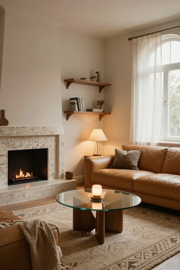 Living room corner with beige tiled fireplace, tan leather L-shaped sofa and ottoman, glass coffee table with wood legs on neutral patterned rug, wooden floating shelves with books and decor, table lamp, and sheer curtains over arched window.