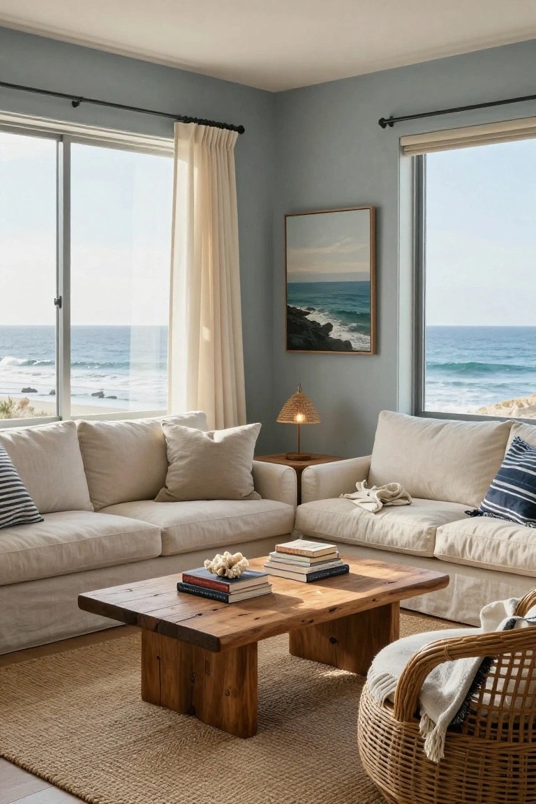 Light blue corner living room with white linen L-shaped sofa, wooden coffee table stacked with books, rattan armchair with throw, sheer curtains on large windows overlooking ocean waves and beach.