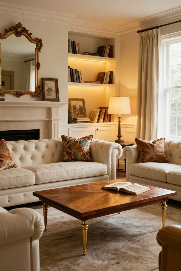 A living room with two cream tufted sofas facing each other across a rectangular wooden coffee table with marquetry inlay and brass legs, positioned in front of a marble fireplace flanked by built-in bookshelves.
