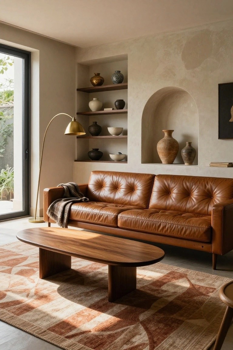 A modern living room with a tan tufted leather sofa, oval wooden coffee table on a terracotta patterned rug, gold arc lamp, and arched wall niche displaying ceramic pottery against beige walls and a sliding glass door.