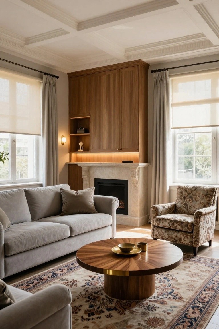 A cozy living room with a gray linen sofa, patterned armchair, round wood coffee table on a Persian rug, flanked by large windows with sheer curtains and a wood-paneled cabinetry surrounding a stone fireplace.