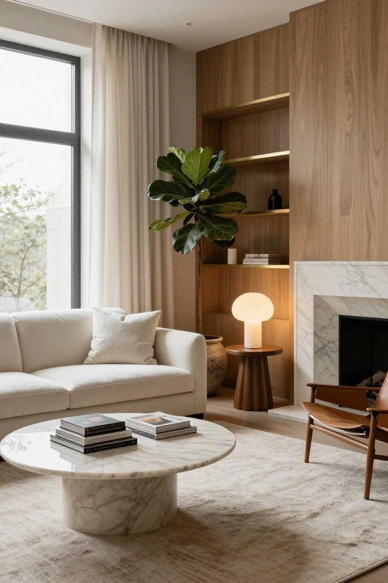 Contemporary living room with cream sofa, round marble coffee table, wood-paneled wall featuring built-in shelves and marble fireplace surround, globe lamp on wood stool, leather armchair, large potted plant, and floor-to-ceiling window with sheer curtains.