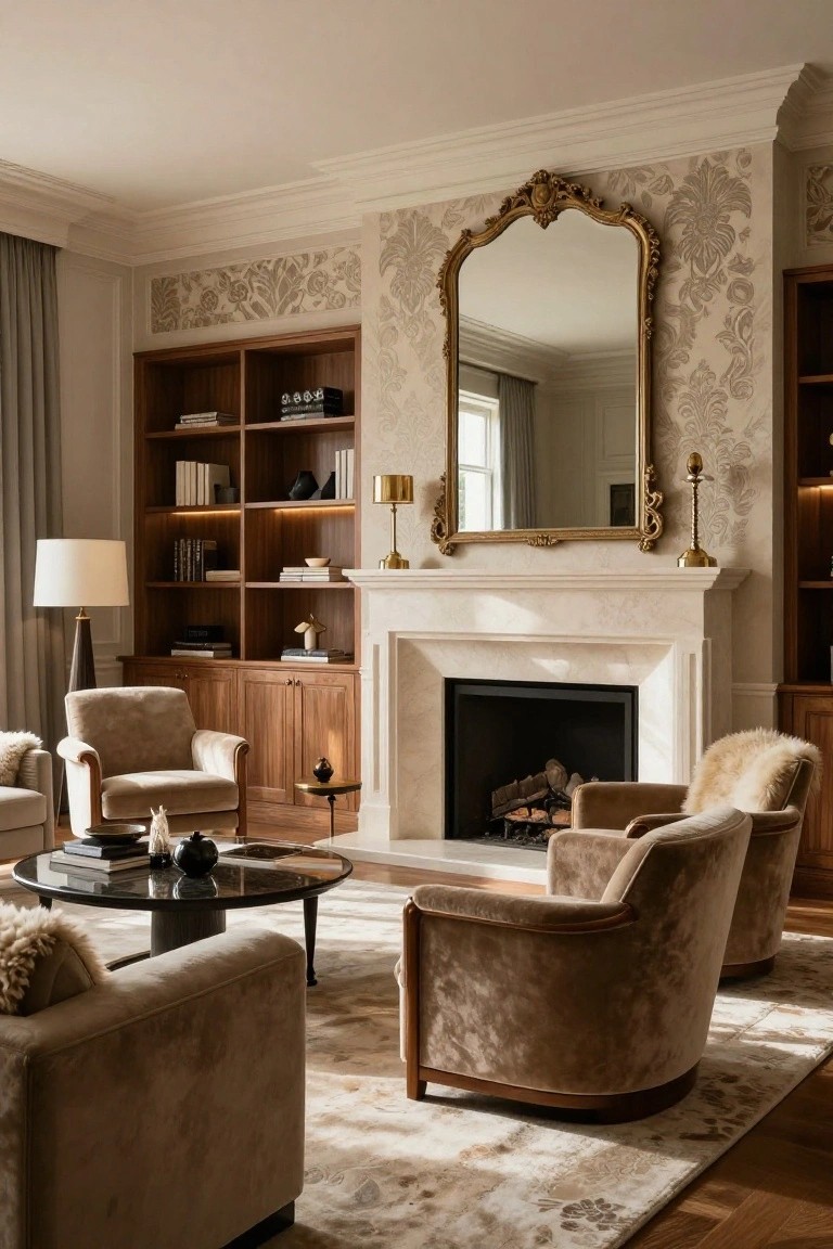 A living room with tall wood built-in bookshelves and cabinets flanking a marble fireplace, plush beige armchairs arranged around a black glass coffee table, an ornate gold mirror above the mantel, and beige patterned wallpaper on the walls.
