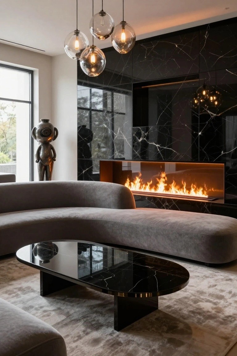 Modern living room featuring a curved gray fabric sofa, black marble accent wall with integrated linear gas fireplace, oval black marble coffee table, glass pendant lights, and a bronze sculpture near a large window.