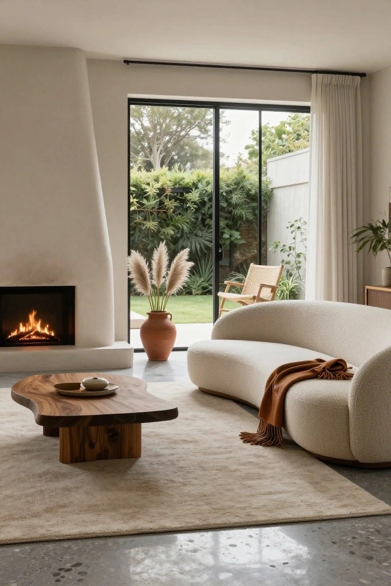 Modern living room with large curved cream sofa draped in a brown throw, irregular-edged wooden coffee table holding dishes, white fireplace, pampas grass in a terracotta pot, rattan chair, and sliding glass doors to backyard garden.