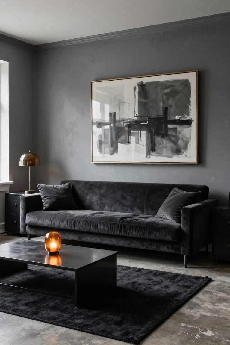 Gray living room with L-shaped black velvet sofa, black coffee table holding lit amber glass candle, brass arched lamp on black side table, large gold-framed abstract ink painting on wall, and black rug on polished concrete floor.