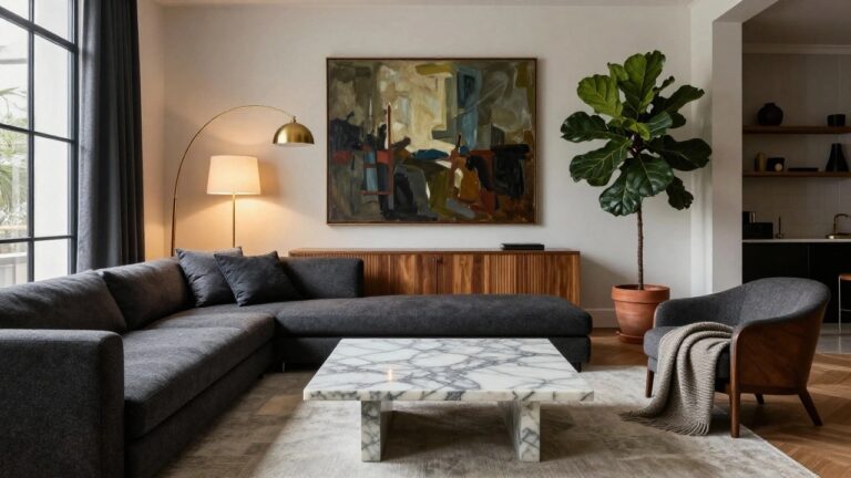 Modern living room with gray L-shaped sofa, white veined marble coffee table on block legs, large abstract painting, fiddle leaf fig plant in terracotta pot, brass arc lamp, and wooden shelving.