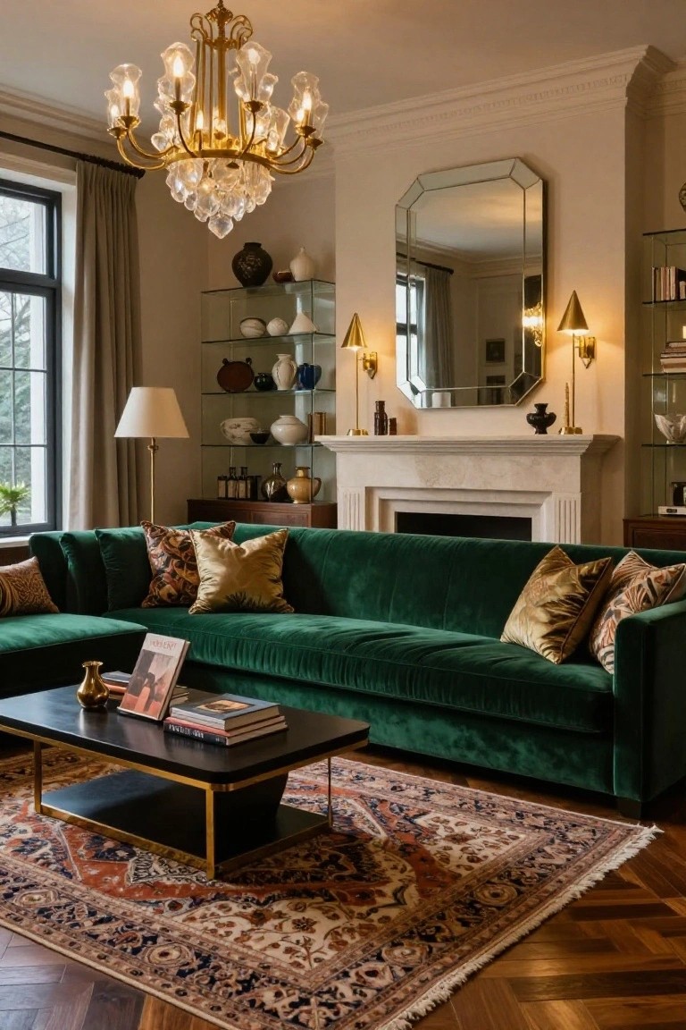 Luxurious living room interior with emerald green velvet L-shaped sofa, black and gold coffee table holding books, crystal chandelier, marble fireplace, glass shelving, and Persian rug on herringbone wood floors.