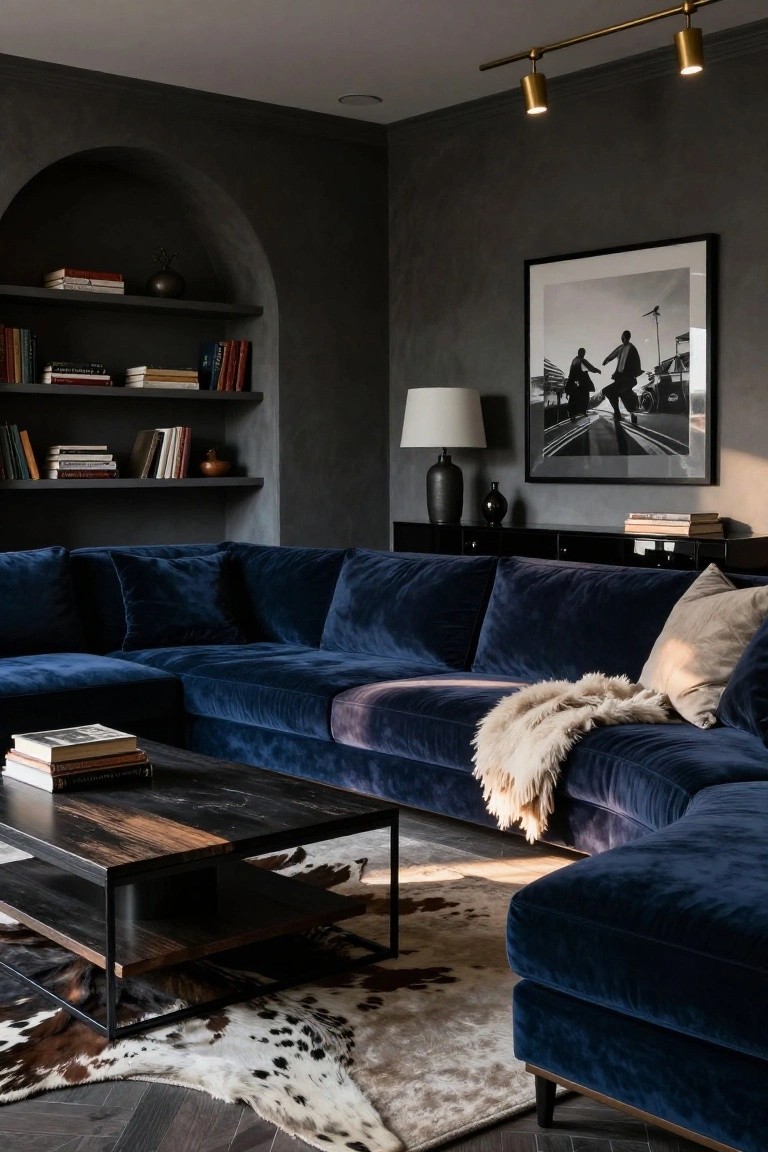 A modern living room with a large L-shaped navy velvet sectional sofa, black metal coffee table with wood top, cowhide rug, arched dark wall niche with bookshelves, and black-and-white framed photograph.