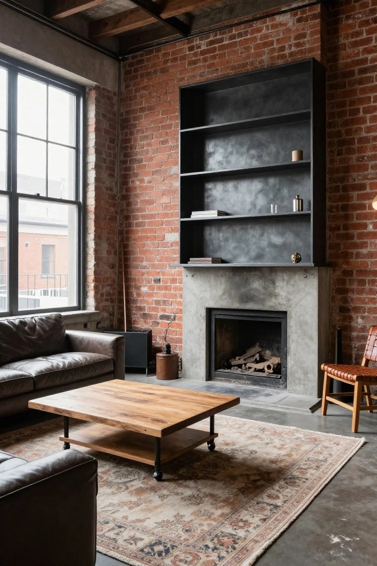 Living room with exposed brick walls, large black metal shelving unit, concrete fireplace with wood fire, brown leather sofa, rectangular coffee table with light wood top and black metal pipe legs on casters, patterned rug, and wood chair on polished concrete floor.
