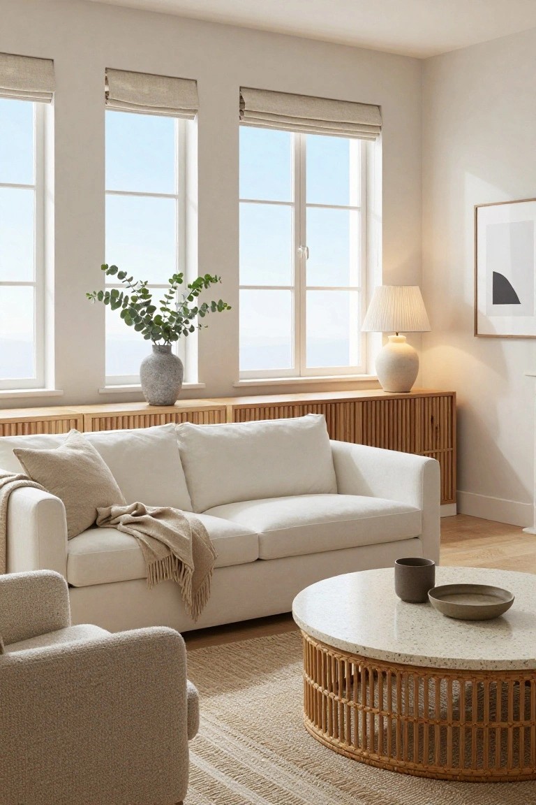 Bright living room featuring a white three-seater sofa with beige throw and pillow against a slatted wooden credenza, a round white terrazzo coffee table with rattan base, a beige armchair, eucalyptus in a textured vase on the credenza, large triple windows with linen roman shades, and neutral toned lamp and art.