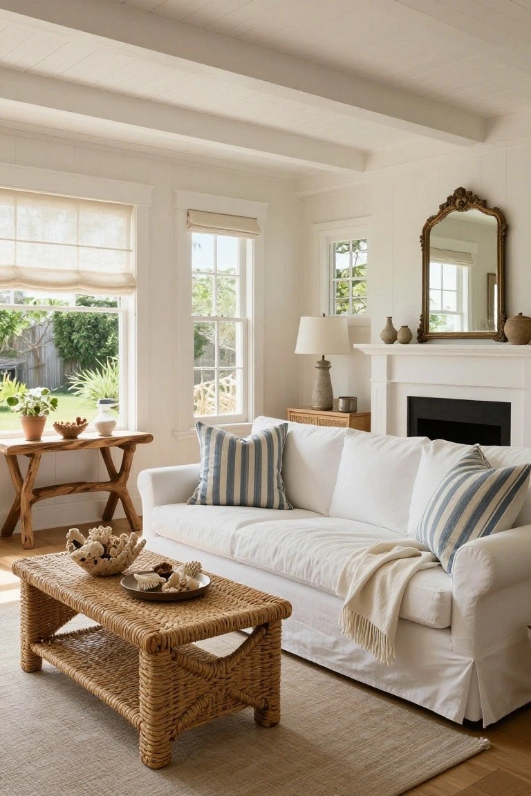 Bright living room with white slipcovered sofa accented by blue striped pillows, rattan coffee table topped with seashells and plates, wooden side table with plants and nuts, white brick fireplace, lamp, and large windows overlooking garden.