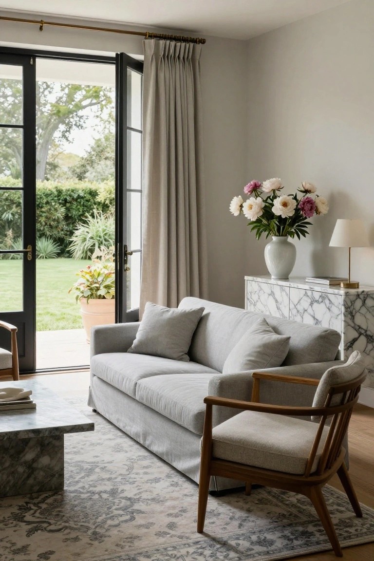 Light gray slipcovered sofa and wooden armchair in a neutral living room with open black French doors to a garden, marble coffee table, sideboard with white vase of flowers, and beige curtains.