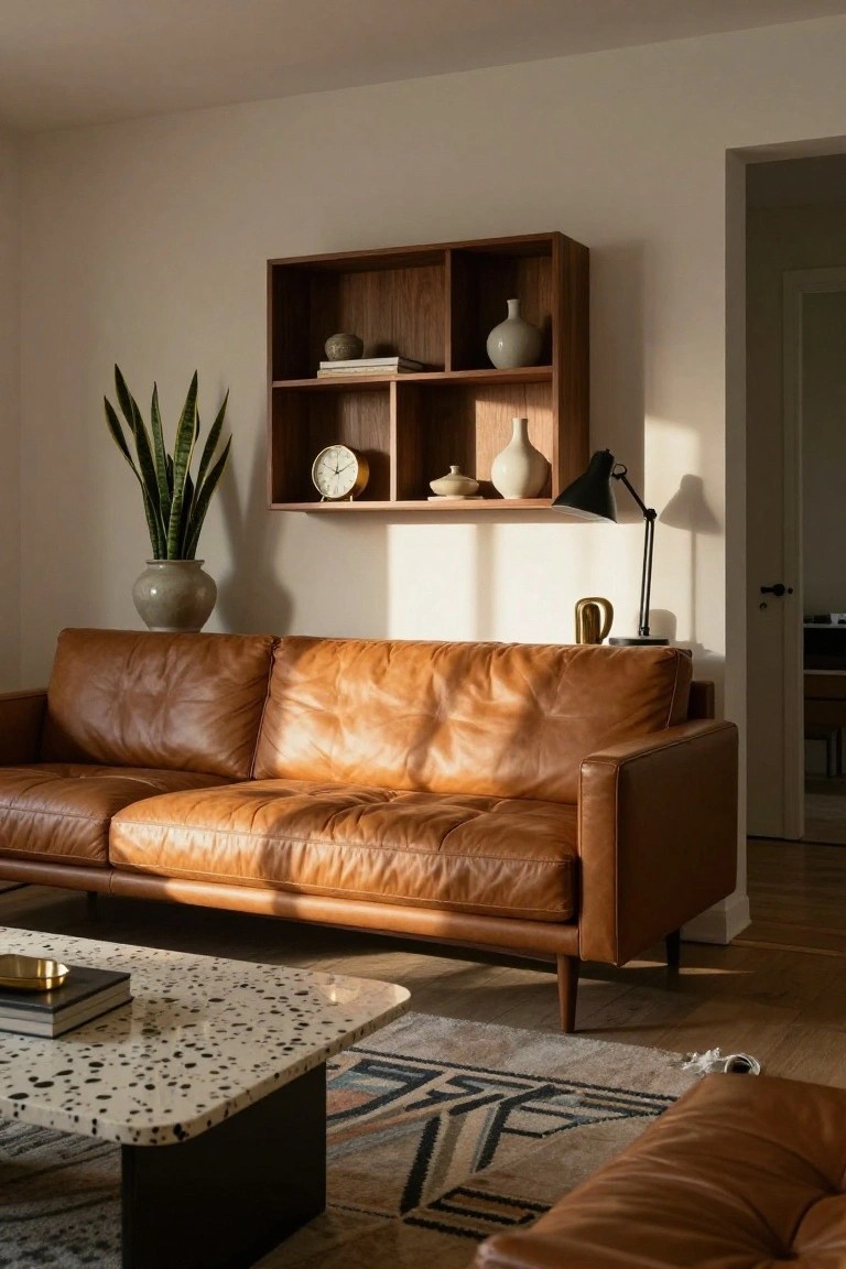 Sunlit modern living room with tan leather L-shaped sofa, wooden wall-mounted shelves holding ceramics, books, clock, and vases, speckled terrazzo coffee table, snake plants in gray pots, black desk lamp, and beige rug on light wood floors.