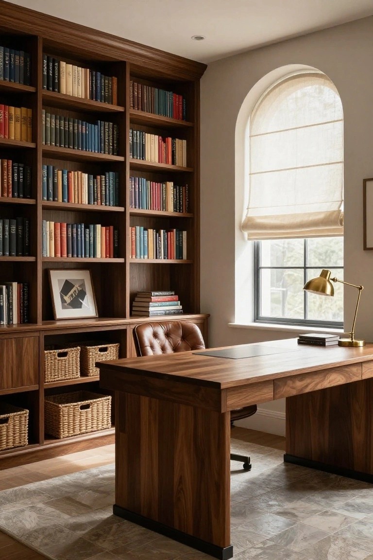 A home study room with floor-to-ceiling walnut built-in bookshelves filled with colorful books, a large wooden desk, brown leather swivel chair, brass desk lamp, and arched window with sheer shades.
