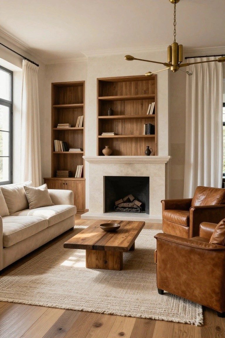 A living room interior with symmetrical tall wooden built-in bookshelves flanking a limestone fireplace, a cream fabric sofa with pillows, two tan leather armchairs, a live-edge wooden coffee table, seagrass rug, and light oak hardwood floors.