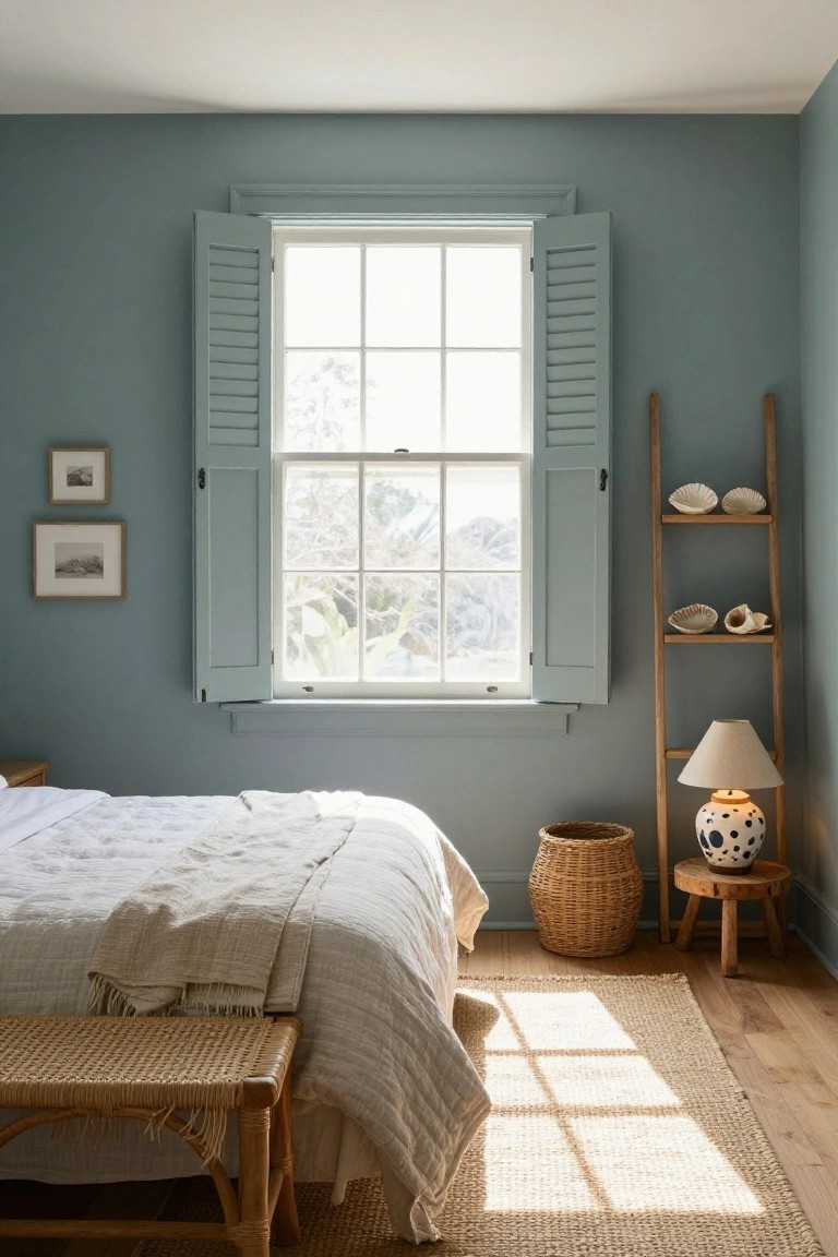 Bedroom interior with soft teal walls, large window with open teal shutters, white bed with light linens and throws, wooden ladder shelf displaying shells, rattan bench, woven basket, and lamp on wood stool.