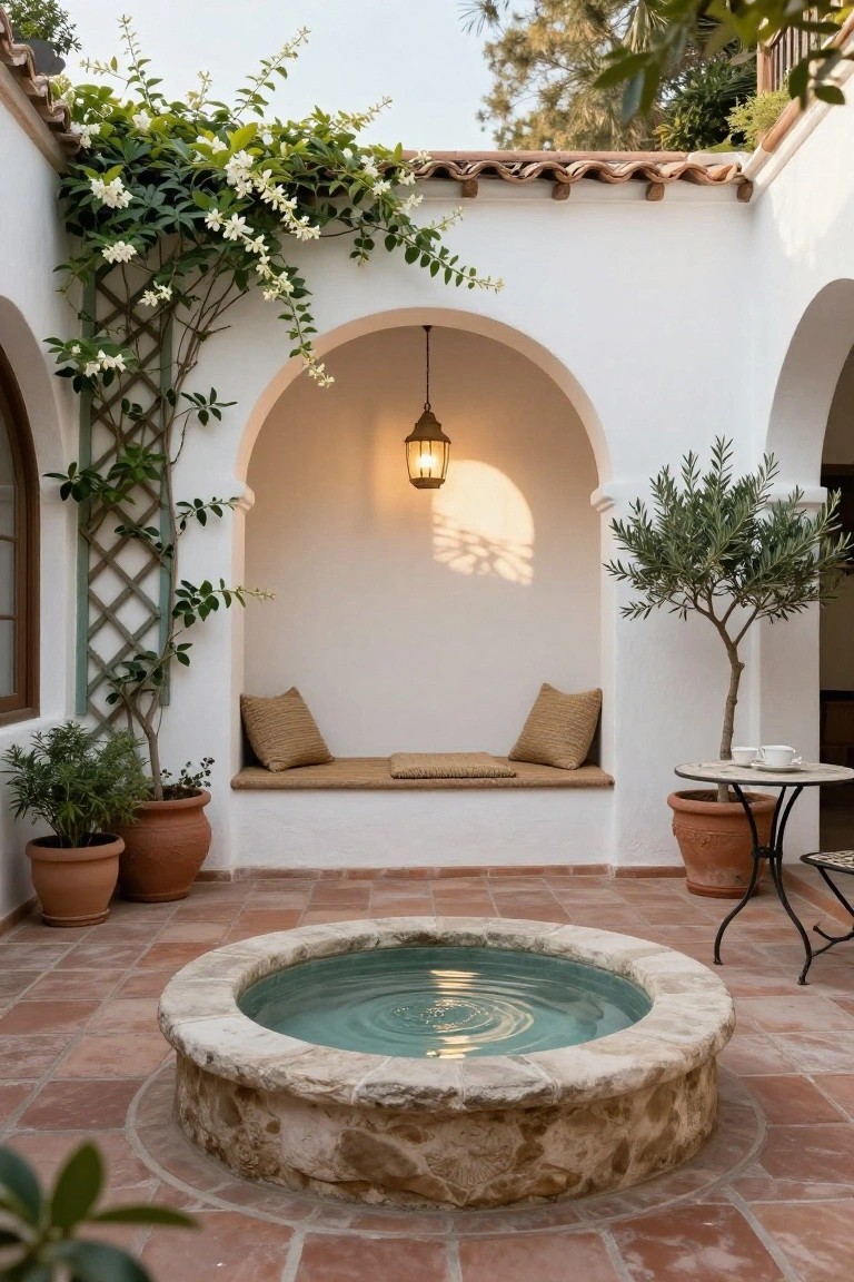 White stucco courtyard featuring an arched niche with cushioned bench, climbing white flowers on trellis, potted plants, olive tree, small round table with teacups, and central circular stone fountain with green rippling water on terracotta tile floor.
