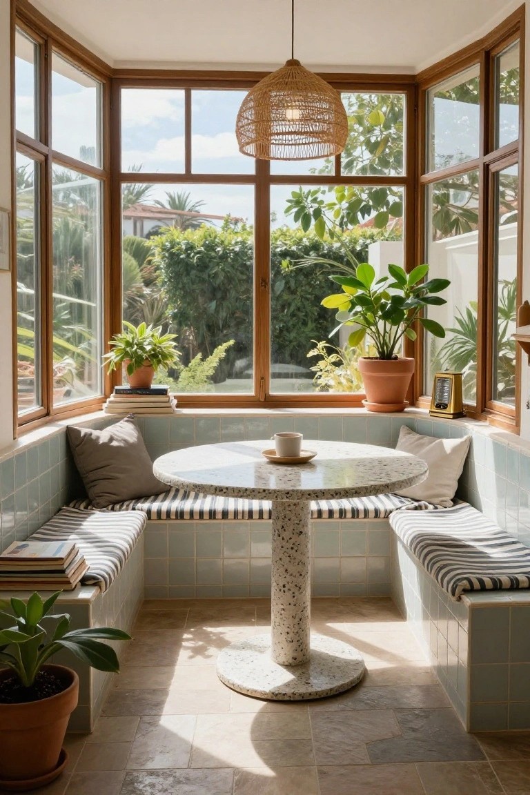 Bay window nook with built-in benches covered in striped cushions along blue tiled walls, round white terrazzo pedestal table with coffee cup, potted plants, books, and views of trees and palms outside.