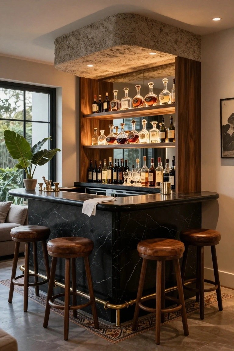 Curved black marble home bar counter with wooden backlit shelves stocked with various liquor bottles, four leather bar stools, a potted plant, and large windows showing greenery outside.