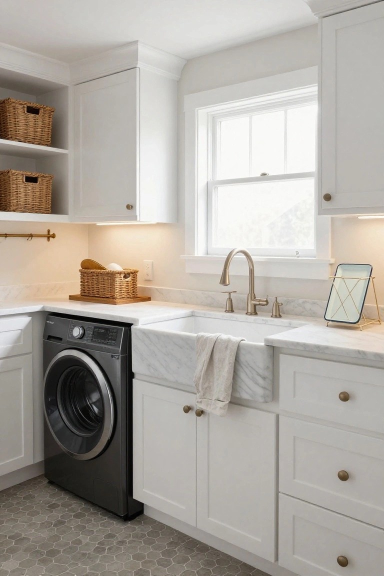 White shaker-style cabinets and open shelves with wicker baskets in a laundry room featuring a black front-load washer, white apron-front sink on marble countertop, gold faucet, and gray hexagonal tile floor.