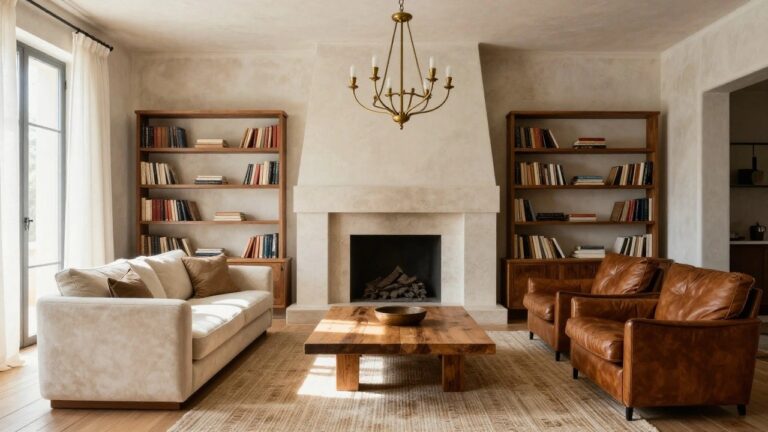 18 Stylish Luxury Villa Interior Concepts That Feel Curated A living room interior with symmetrical tall wooden built-in bookshelves flanking a limestone fireplace, a cream fabric sofa with pillows, two tan leather armchairs, a live-edge wooden coffee table, seagrass rug, and light oak hardwood floors.