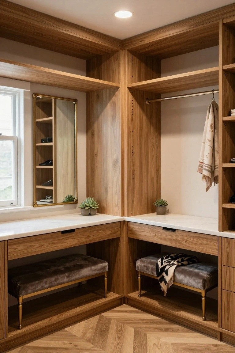 Corner walk-in closet with light oak wood cabinetry, marble countertops, upholstered benches, hanging rod with towel, shelves with shoes and accessories, gold-framed mirror, plants, and window.