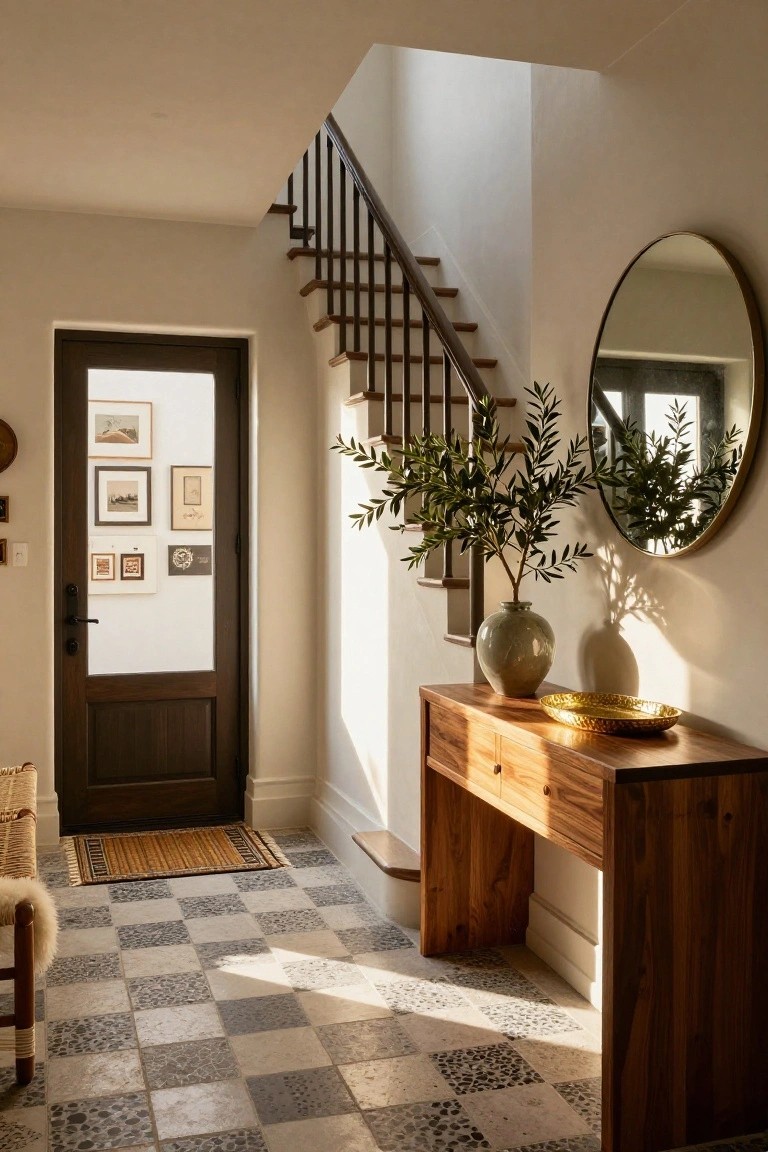 Bright entryway with wooden stairs, checkered tile floor, dark wood front door and sidelight with small art frames, rattan bench with sheepskin, wood console table topped with olive branch vase and gold tray, and large round brass mirror.
