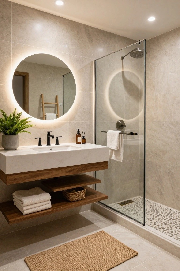 Modern bathroom featuring a floating wood vanity with white sink, black faucet, round backlit mirror, potted fern, glass shower enclosure with pebble floor, and beige stone tile walls.