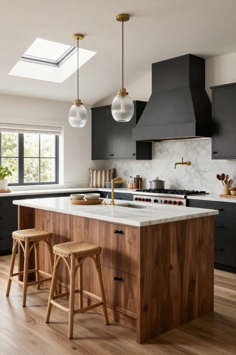 Modern kitchen with matte black cabinets, central walnut wood island with white marble countertop and sink, two rattan bar stools, gold pendant lights, black range hood, and marble backsplash.