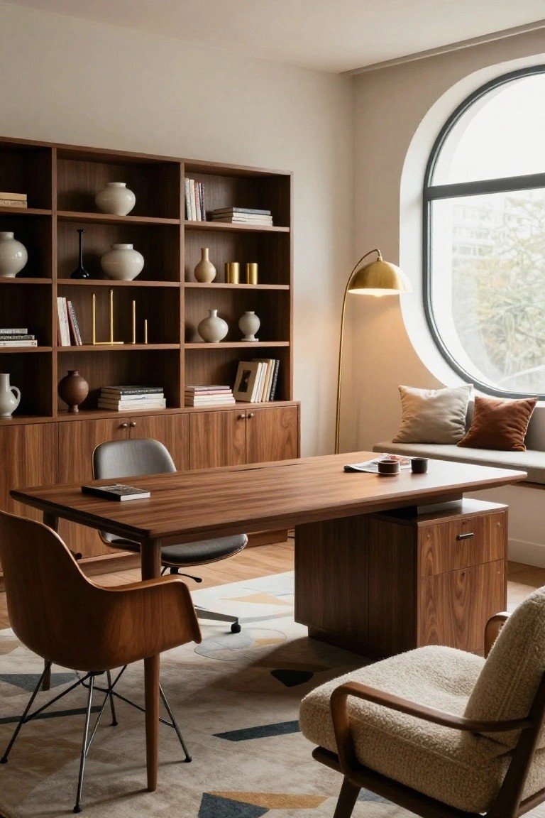 A home office with tall walnut wood shelving units filled with books, ceramics, and vases, an integrated wooden desk, two upholstered chairs, arc floor lamp, and window seat by a large curved window.