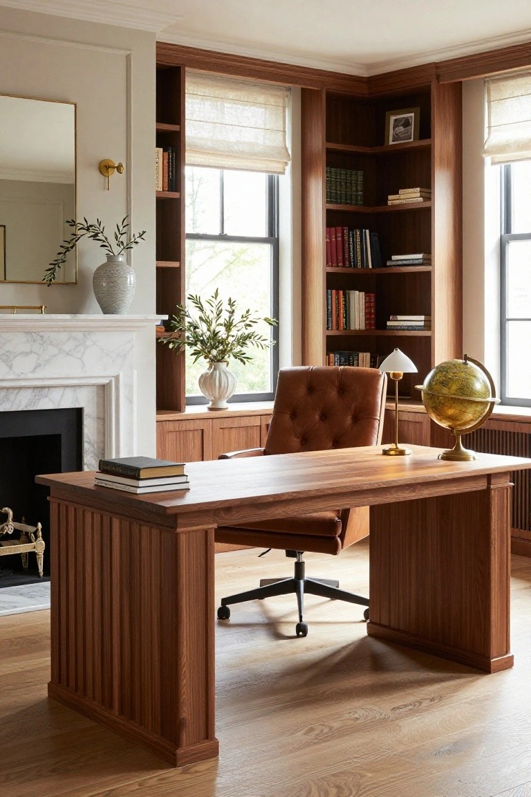 A home office with wooden paneled walls, built-in bookshelves filled with books, a large wooden desk, brown leather chair on wheels, marble fireplace, globe, and desk lamp.